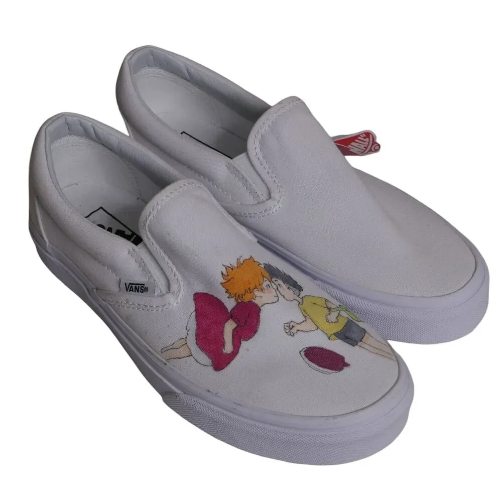 NWT Vans Art Hand Drawn Ponyo Studio Ghibli Women's 7.5 White Shoes Cartoon SPOT